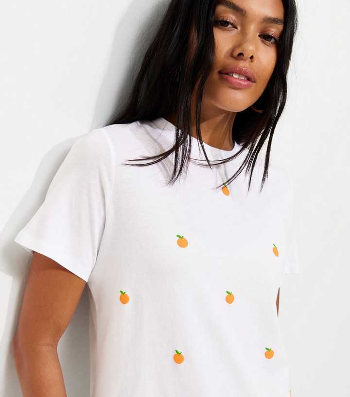 White Cotton Orange Print Relaxed Fit T-Shirt