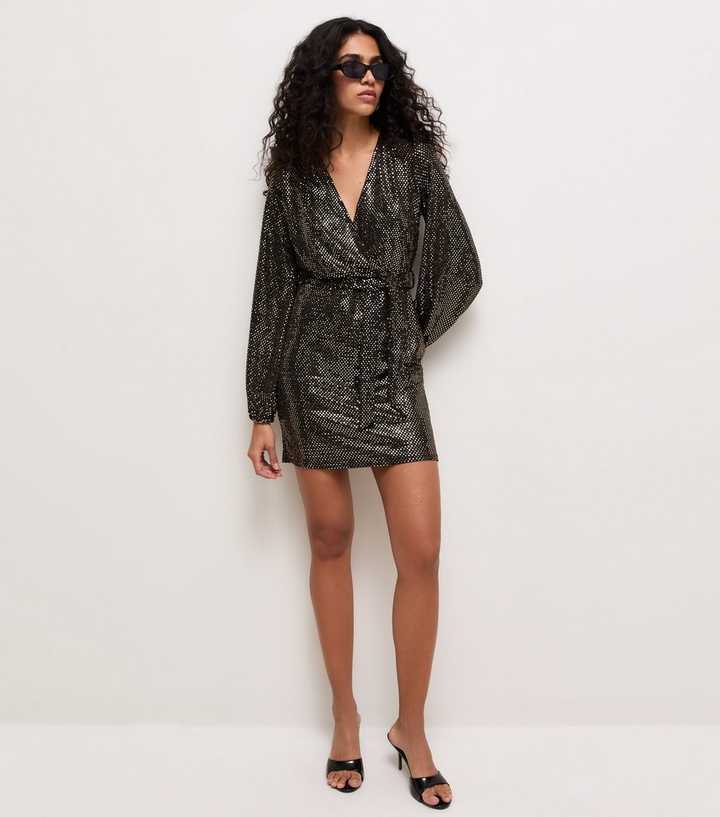 Black Sequin Wrap Front Long Sleeve Mini Dress