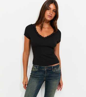 Black Cotton Rich Ribbed Lace Trim V Neck T-Shirt