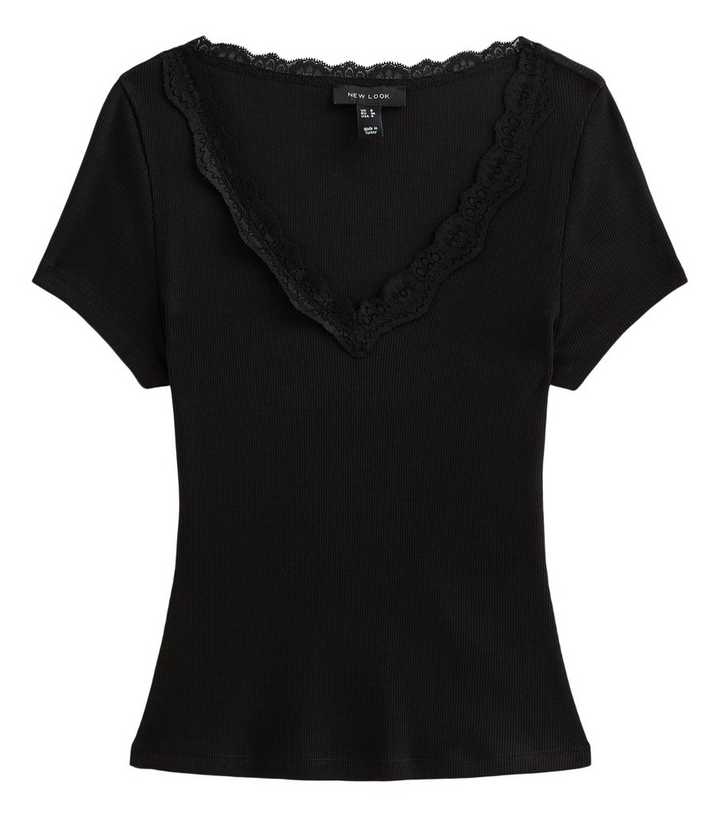 Black Cotton Rich Ribbed Lace Trim V Neck T-Shirt