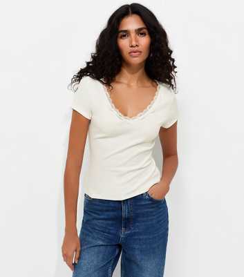 Off White Cotton Rich Ribbed Lace Trim V Neck T-Shirt