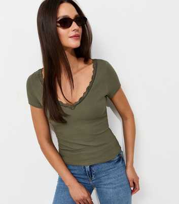 Dark Khaki Cotton Rich Ribbed Lace Trim V Neck T-Shirt