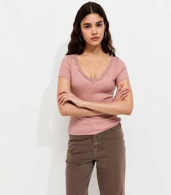Light Pink Cotton Rich Ribbed Lace Trim V Neck T-Shirt
