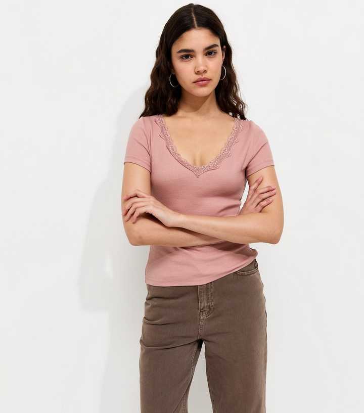 Light Pink Cotton Rich Ribbed Lace Trim V Neck T-Shirt