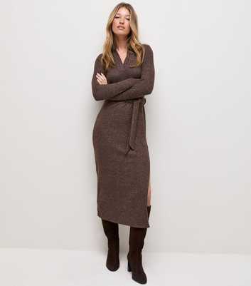 Dark Brown Knitted Long Sleeve Midi Dress