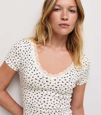 White Cotton Rich Ditsy Print Lace Trim V Neck T-Shirt