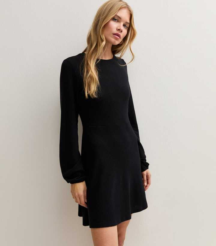 Black Knitted Long Sleeve Smock Mini Dress