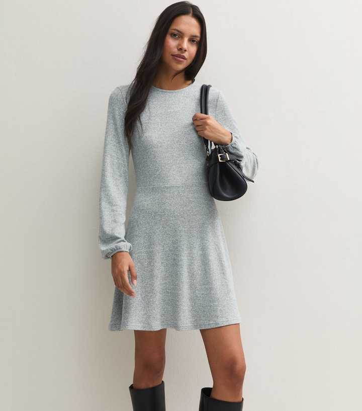 Light Grey Knitted Long Sleeve Smock Mini Dress