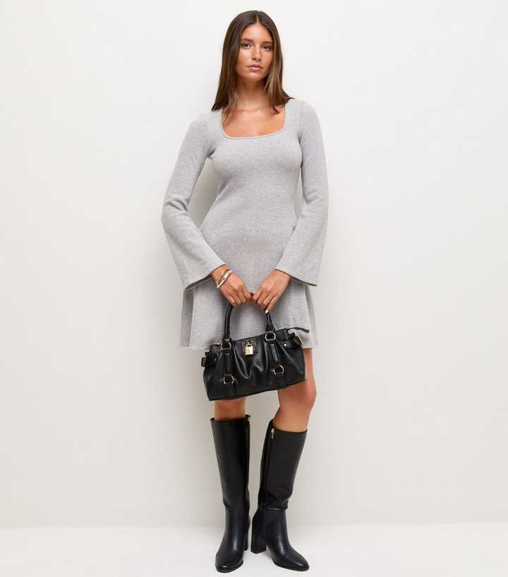 Light Grey Long Sleeve Square Neck Mini Dress