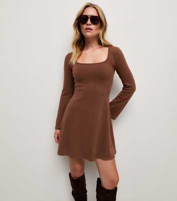 Dark Brown Long Sleeve Square Neck Mini Dress
