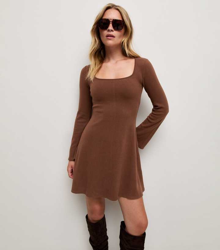 Dark Brown Long Sleeve Square Neck Mini Dress