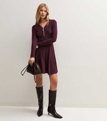 Dark Burgundy Long Sleeve Zip Front Mini Dress