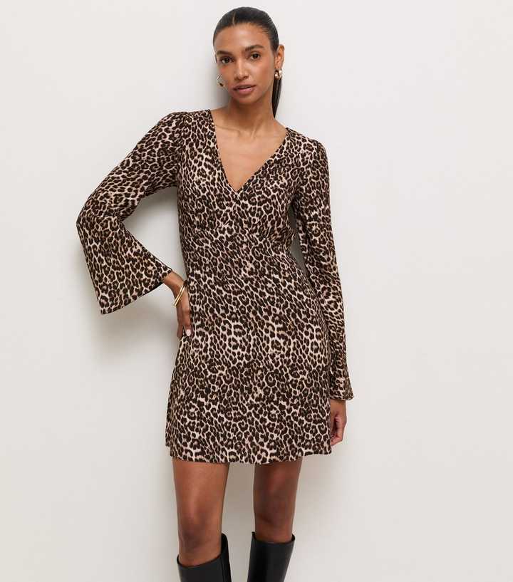 Brown Leopard Print Mesh V-Neck Flared Sleeve Mini Dress