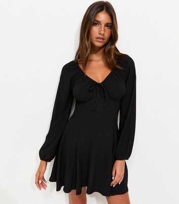 Black Long Sleeve Crinkle Texture Godet Skirt Mini Dress