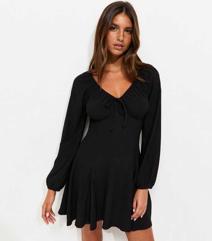 Black Long Sleeve Crinkle Texture Godet Skirt Mini Dress