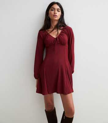 Dark Burgundy Long Sleeve Textured Godet Mini Dress