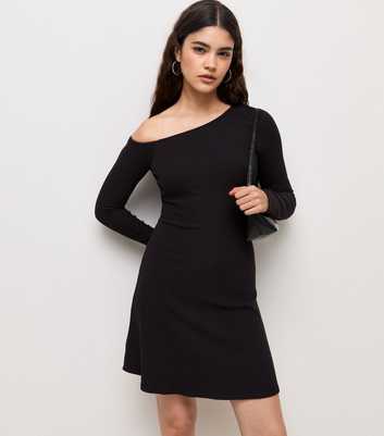 Black Ribbed Off the Shoulder Long Sleeve Mini Dress
