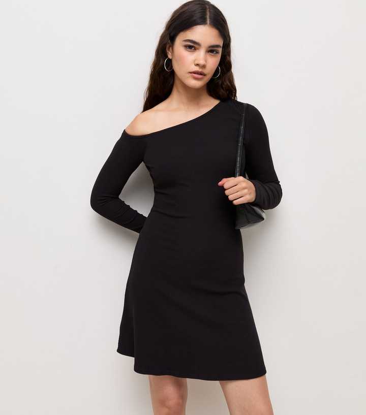 Black Ribbed Off the Shoulder Long Sleeve Mini Dress