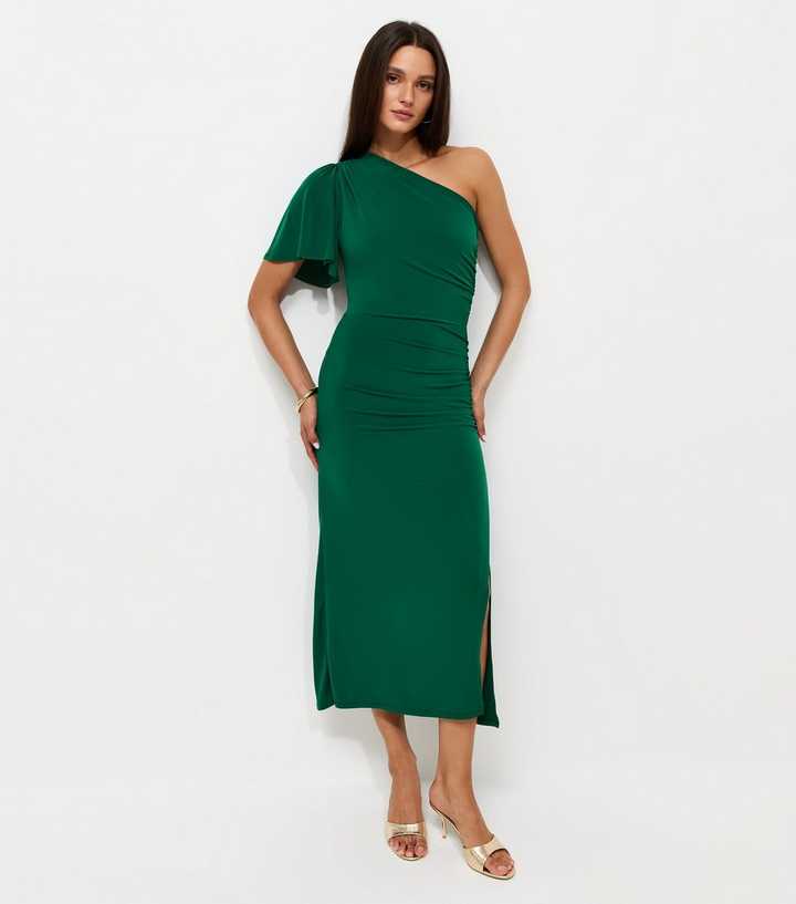 Dark Green One Shoulder Angel Sleeve Midi Dress