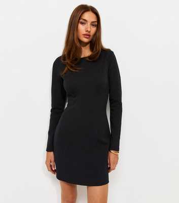 Black Cotton Rich Ponte Long Sleeve High Neck Mini Dress