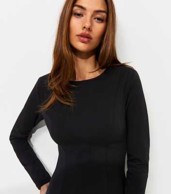 Black Cotton Rich Ponte Long Sleeve High Neck Mini Dress
