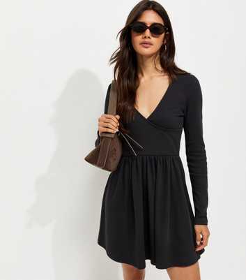 Dark Grey Cotton Rich Long Sleeve Ribbed Wrap Front Mini Ballet Dress