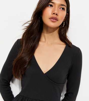 Dark Grey Cotton Rich Long Sleeve Ribbed Wrap Front Mini Ballet Dress