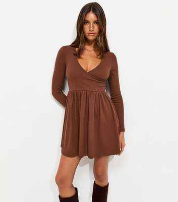 Dark Brown Cotton Rich Long Sleeve Ribbed Wrap Front Mini Ballet Dress
