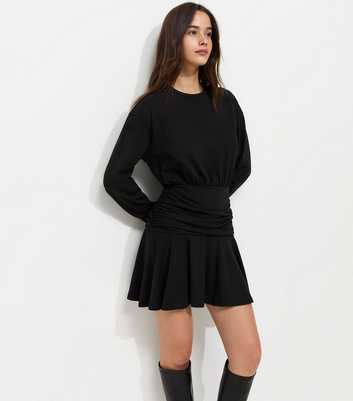 Black Long Sleeve Jersey Ruched Waist Mini Dress