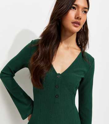 Dark Green Long Sleeve Crinkled V-Neck Flared Mini Dress