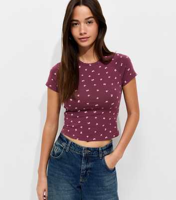Purple Rose Print Raglan Sleeve Baby Tee T-shirt