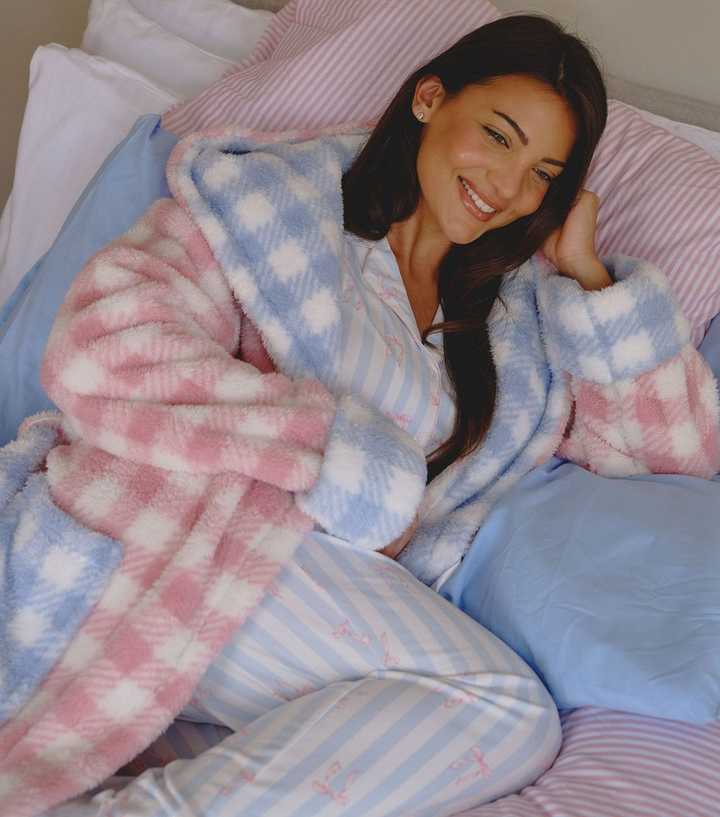 Loungeable Pink Fleece Gingham Hooded Dressing Gown