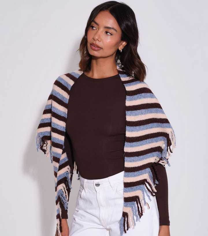South Beach Brown Striped Fringe Triangle Scarf