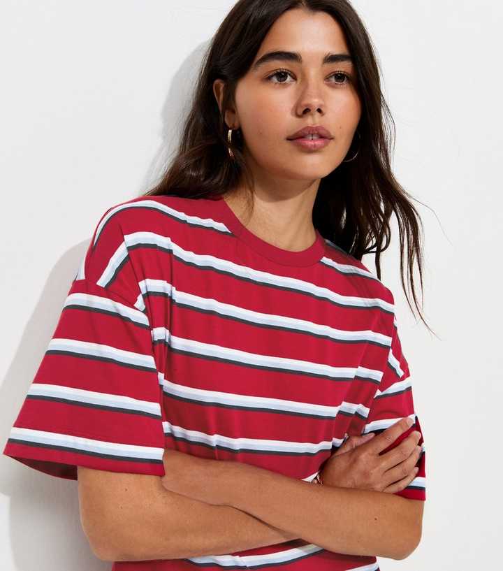 Red Cotton Striped Oversized Boxy T-Shirt