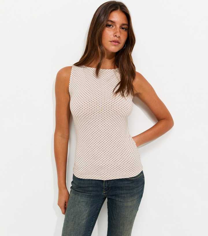 Cream Polka Dot Boat Neck Sleeveless Top with Cotton