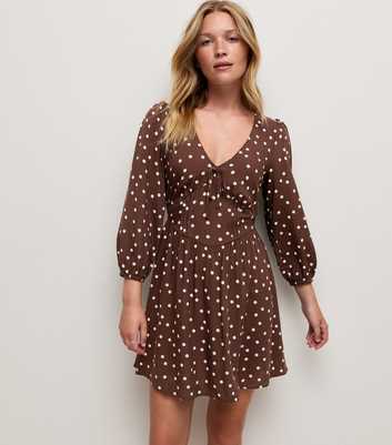 Brown Spot Print Long Sleeve Empire Line Mini Dress