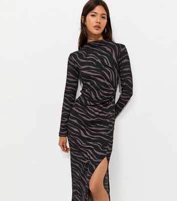Black Crinkle Texture Zebra Print Ruched Long Sleeve Midi Dress