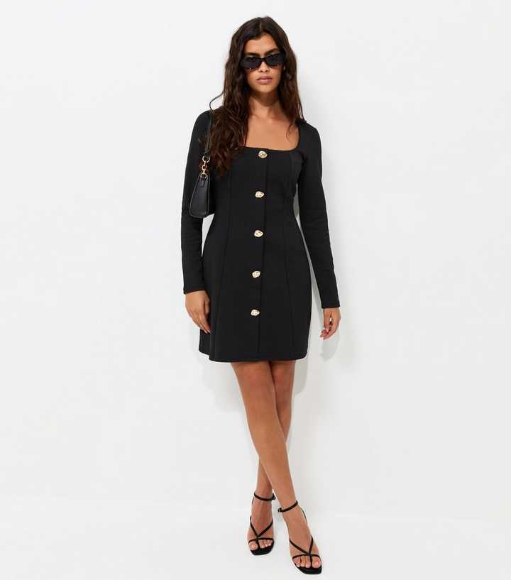 Black Square Neck Long Sleeve Mini Dress