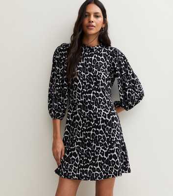 White Leopard Print High Neck Puff Sleeve Mini Dress