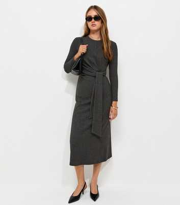 Dark Grey Ribbed Tie Front Long Sleeve Midi Dress