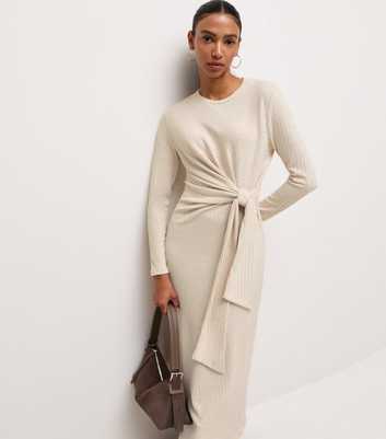 Oatmeal Ribbed Tie Front Long Sleeve Midi Dress