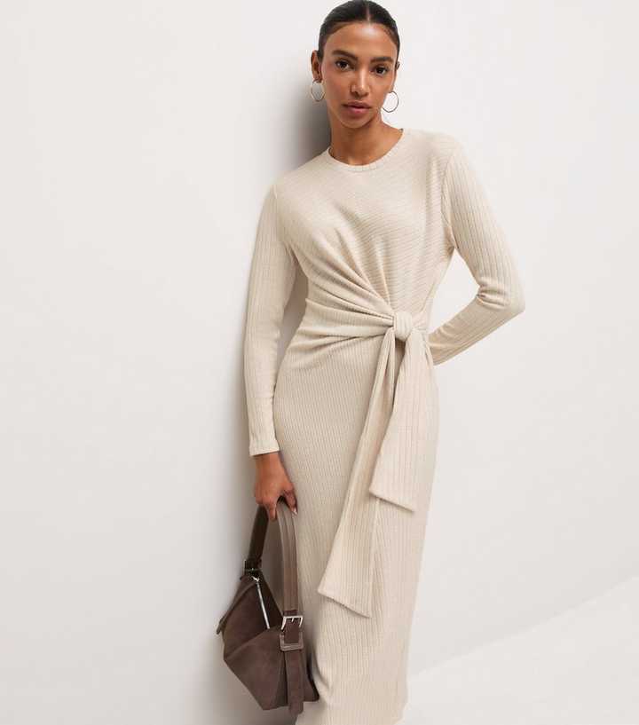 Oatmeal Ribbed Tie Front Long Sleeve Midi Dress