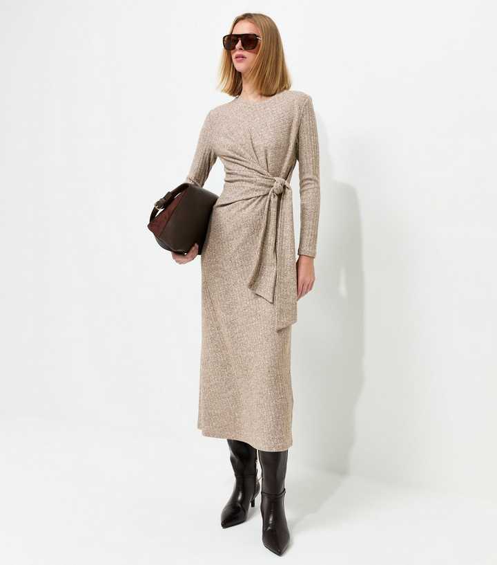 Dark Brown Ribbed Tie Front Long Sleeve Midi Dress