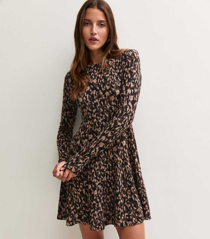 Brown Leopard Print Long Sleeve Skater Mini Dress
