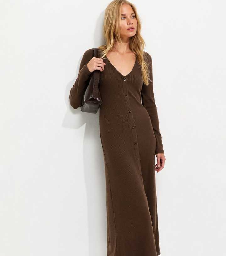 Dark Brown Ribbed Long Sleeve V-Neck Midi Dress
