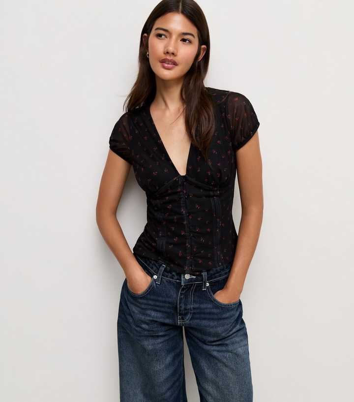 Black Mesh Ditsy Floral V-Neck Top