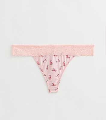 Pink Christmas Cocktail Print Lace Trim Thong