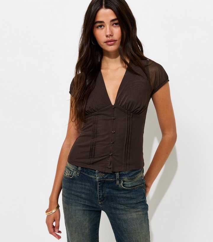 Dark Brown Mesh Jersey V-Neck Top