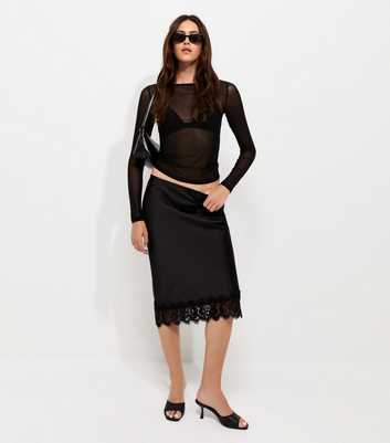 Black Sheer Mesh Wide Neck Long Sleeve Top