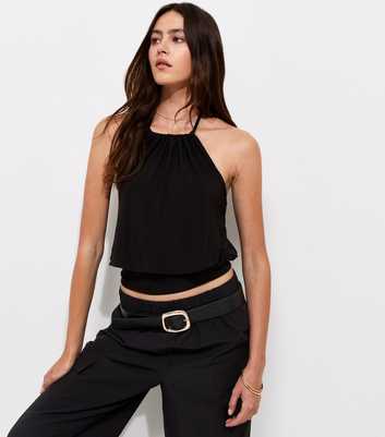 Black Fitted Waistband Bubble Hem Halter Neck Cami Top